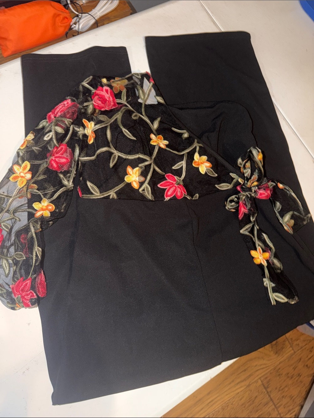SHEIN Black Jumpsuit with Floral Embroidered Sheer Sleeves